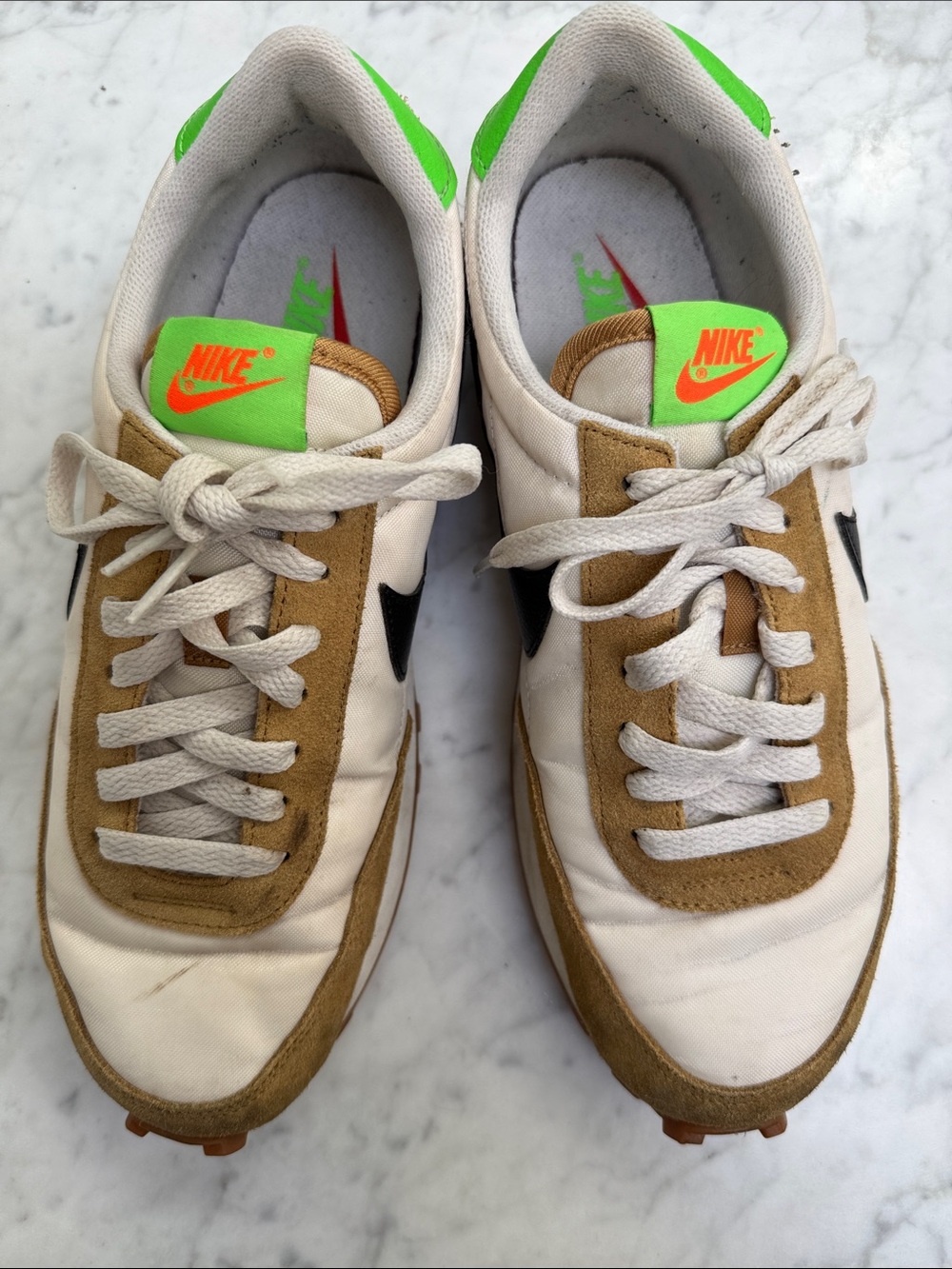 Nike White, Tan & Black Retro Runner with Neon Green Tongue Accents